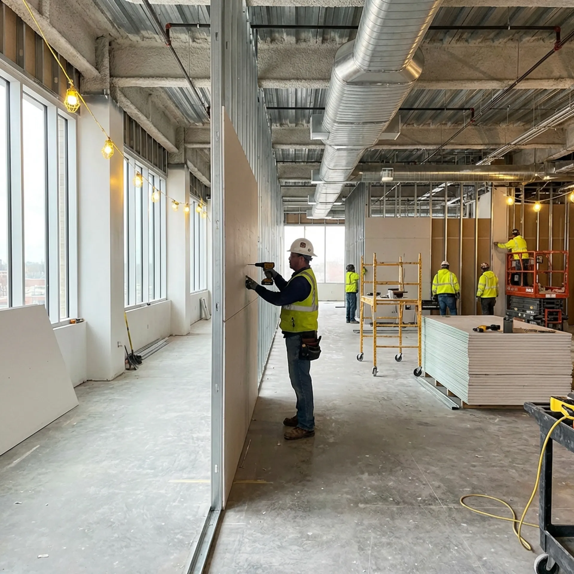Commercial drywall installation in a Wilmington office building