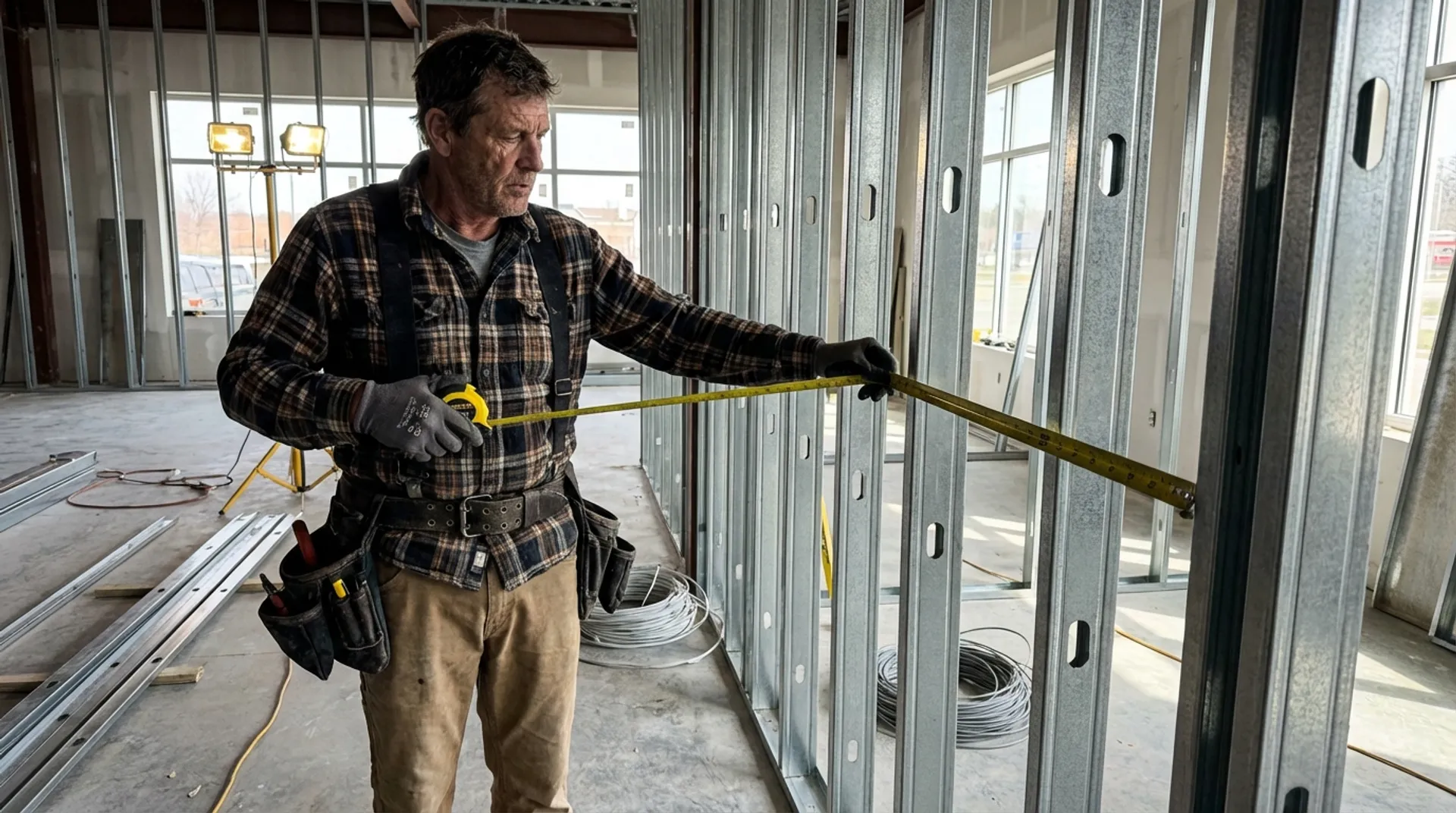 Professional drywall partition installation in progress