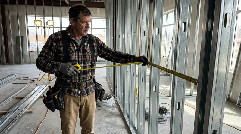 Drywall partition being installed to divide interior space