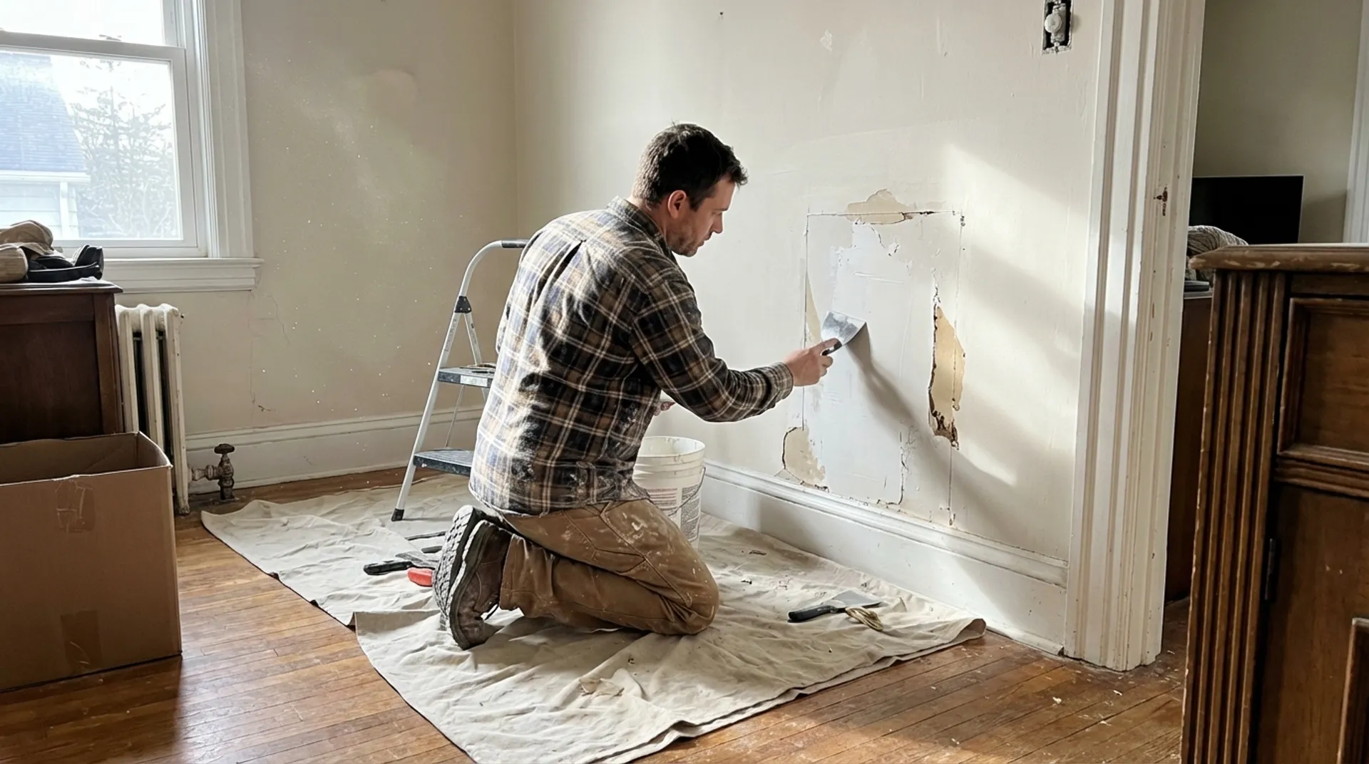 Professional drywall patch repair in progress
