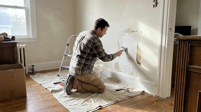 Drywall repair technician patching a wall