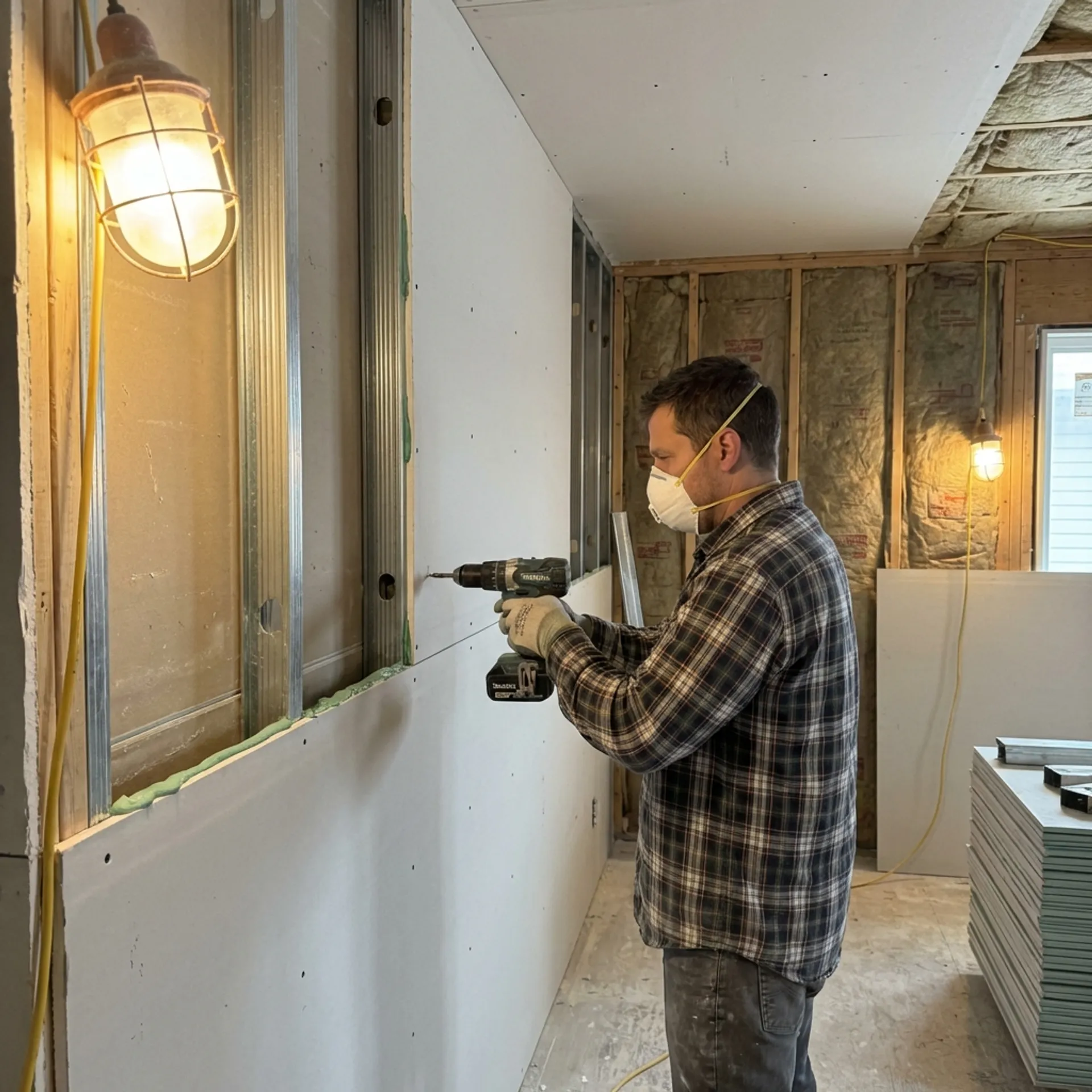 Soundproofing drywall installation in progress