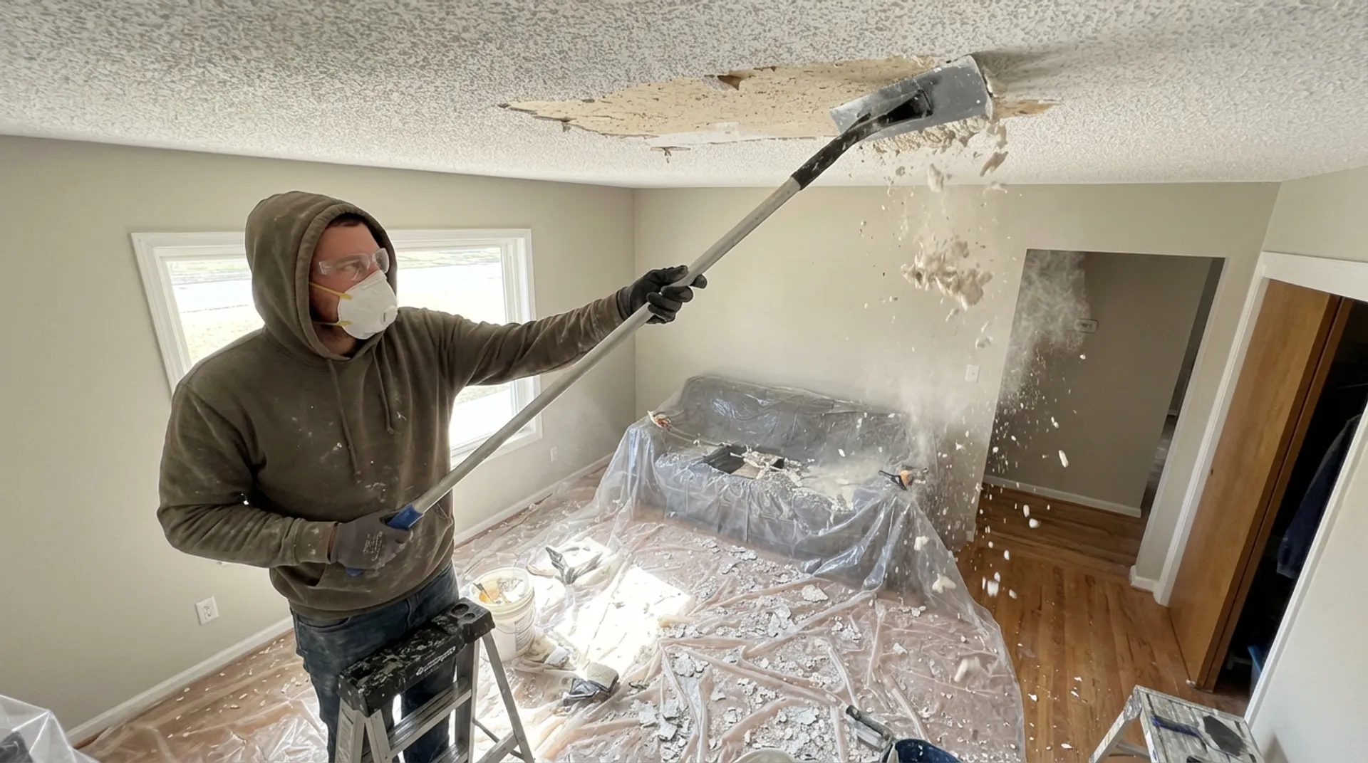 Professional popcorn ceiling removal in progress